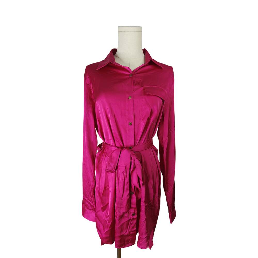 BiB! Fuchsia Satin Button-Down Shirt Dress Sz. Small NWT